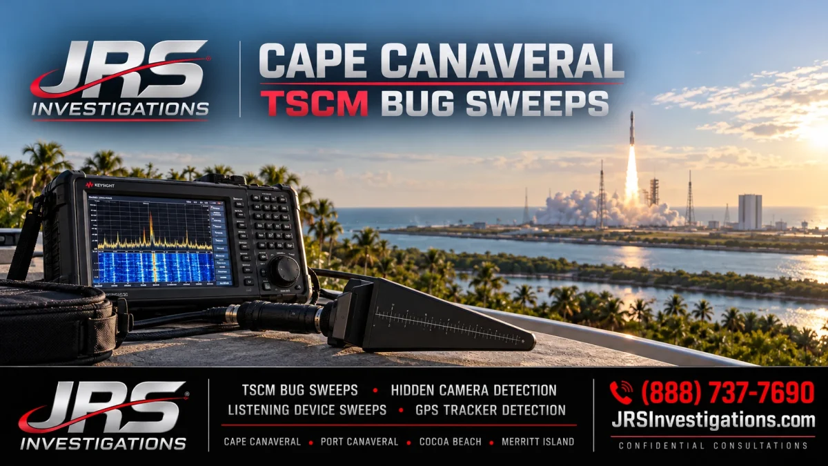 JRS Investigations Cape Canaveral TSCM bug sweeps with professional detection equipment and a coastal rocket launch