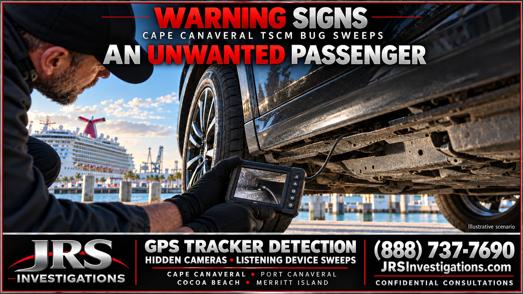 JRS investigator using an inspection camera to examine a concealed GPS tracker beneath a vehicle at Port Canaveral