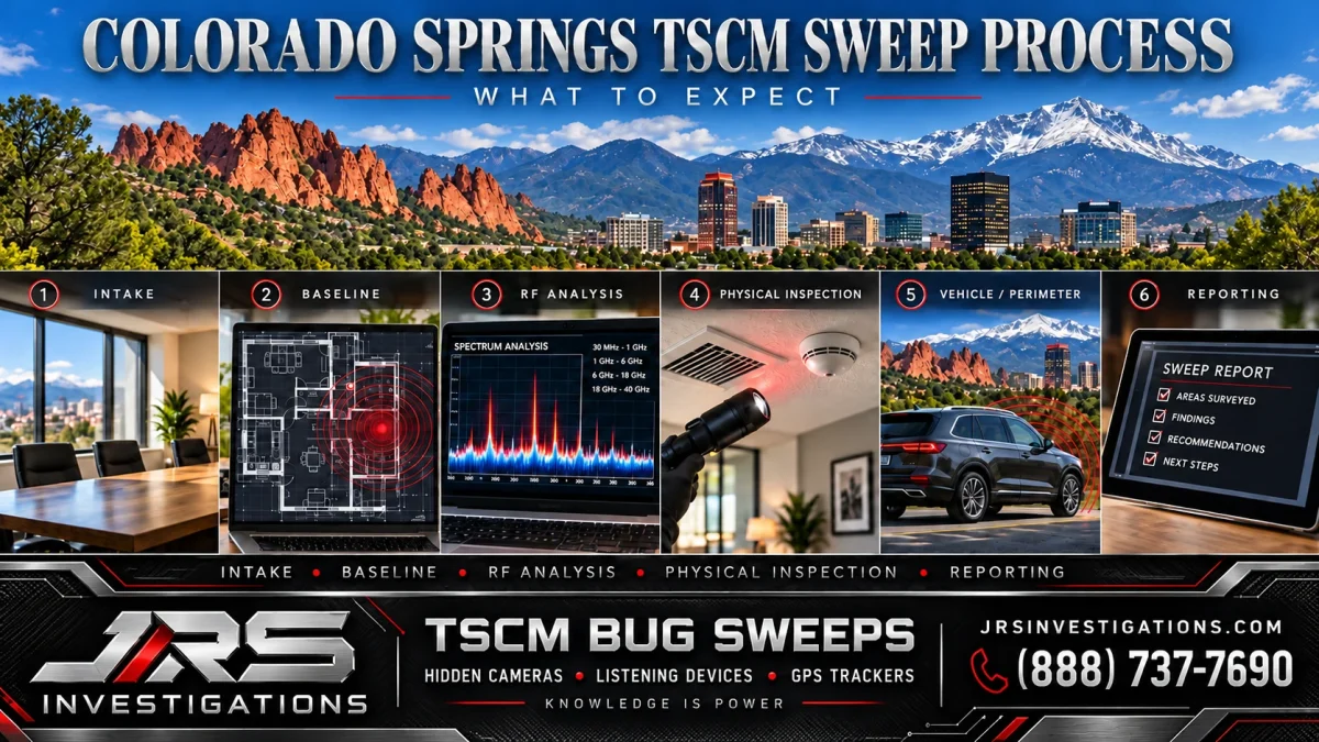 Colorado Springs TSCM sweep process with Pikes Peak, Garden of the Gods and modern silver JRS Investigations branding