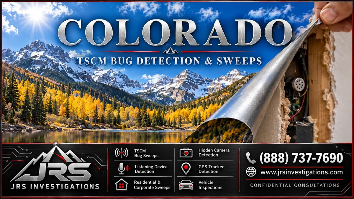 Colorado mountains peel back to reveal a concealed listening device, with JRS Investigations TSCM services and contact information