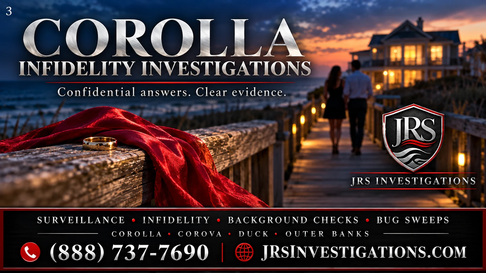 Corolla infidelity investigation illustration with a wedding ring, red scarf and couple on a coastal boardwalk