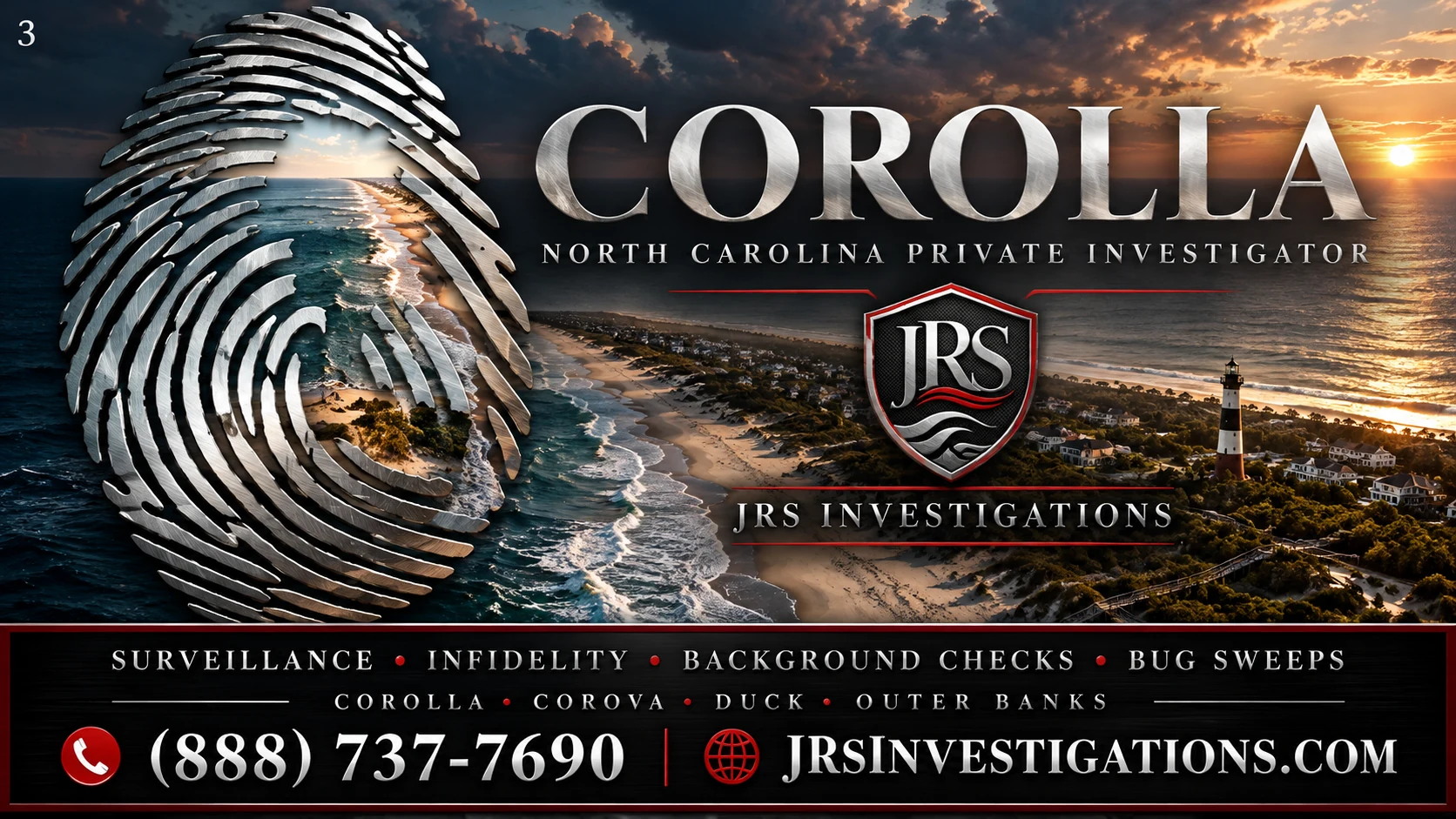 Corolla North Carolina Private Investigator | JRS Investigations JRS Investigations Corolla private investigator banner with a silver fingerprint over the Outer Banks coastline