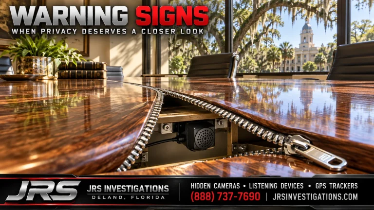 DeLand warning signs: conceptual conference table unzipping to reveal a hidden listening device