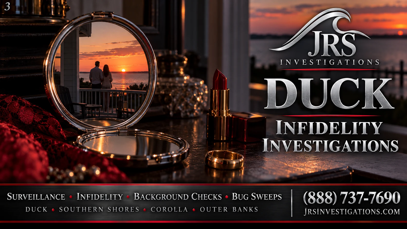 Duck infidelity investigation artwork showing a couple reflected in a compact mirror beside lipstick and a wedding ring
