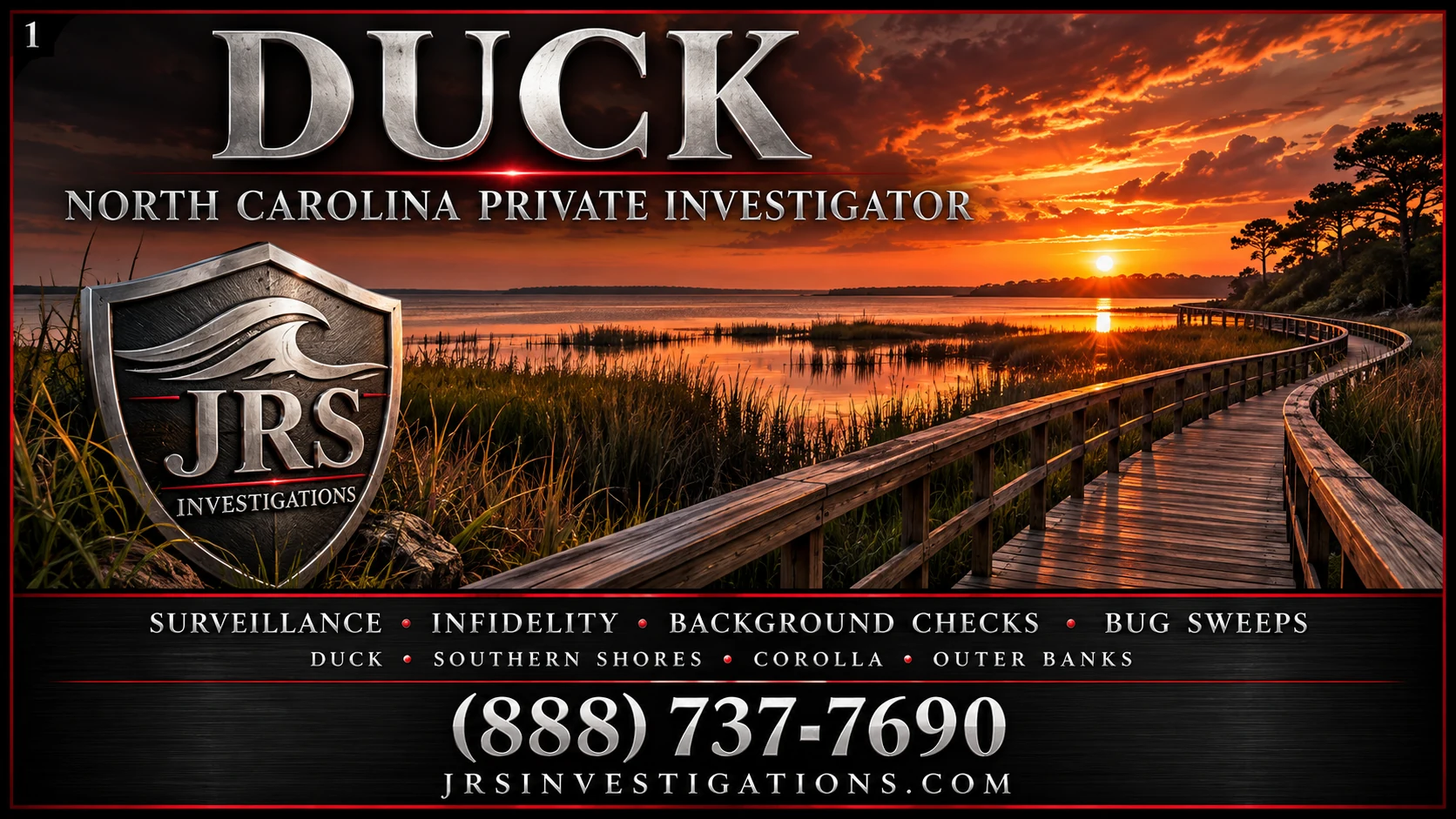 Duck North Carolina Private Investigator | JRS Investigations JRS Investigations Duck private investigator banner with a soundside boardwalk at sunset