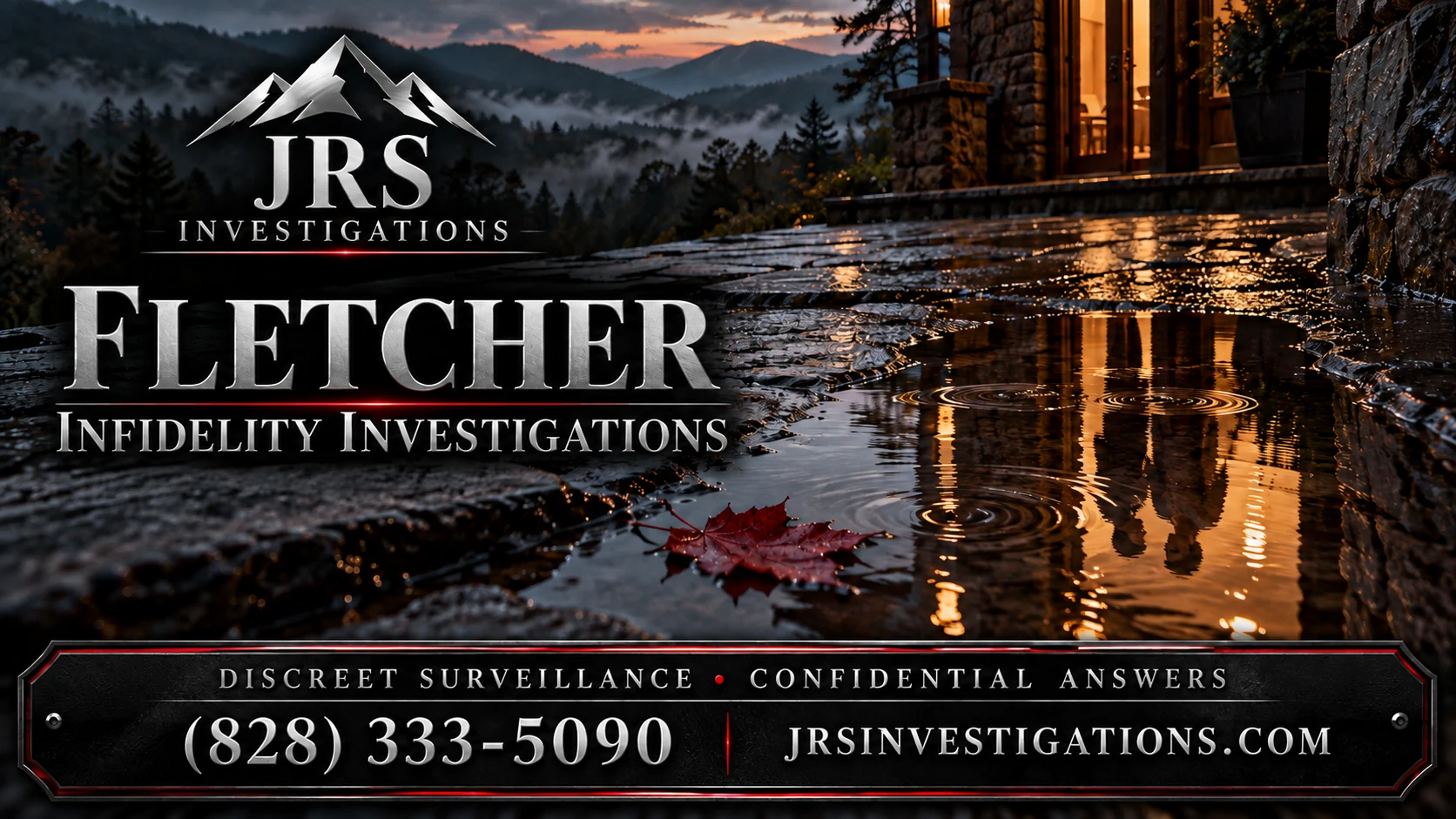 Couple reflected in rainwater beneath Fletcher infidelity investigations branding