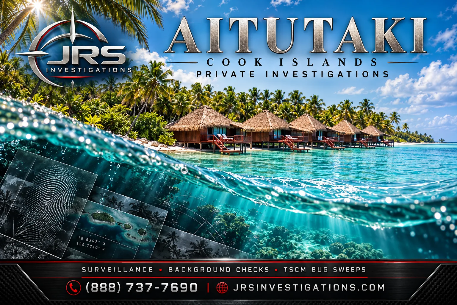 JRS Investigations aitutaki custom island artwork with services and contact information