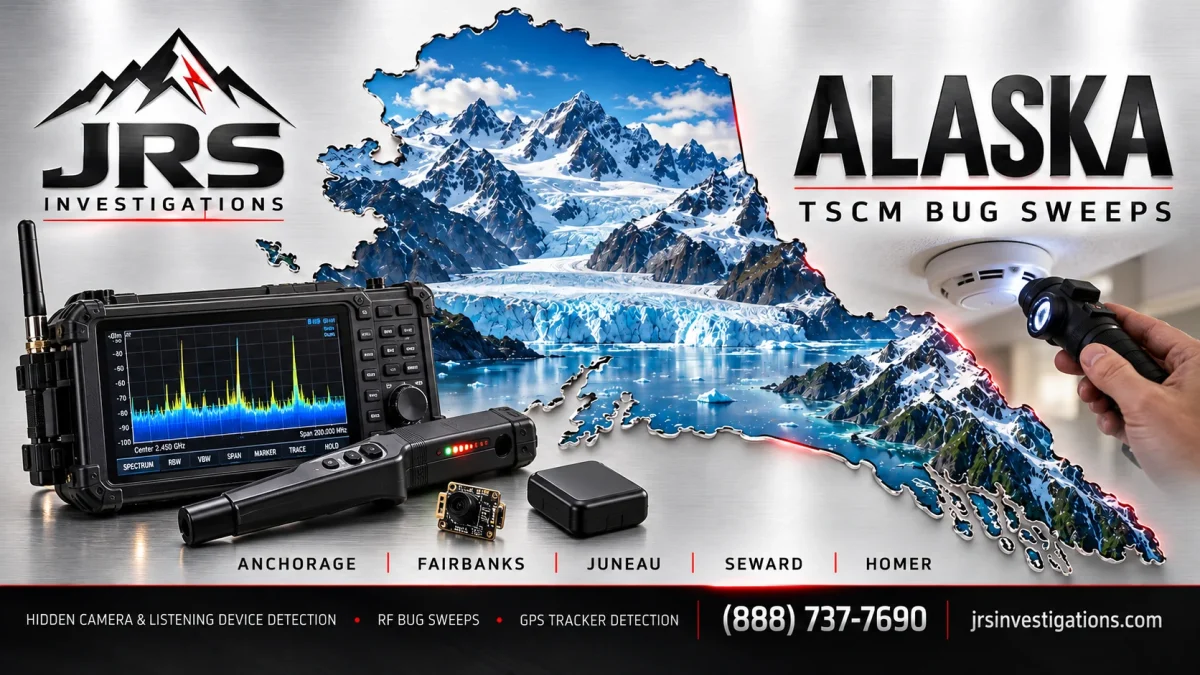 Alaska outline with glaciers, RF bug-sweep equipment and a hidden-camera inspection by JRS Investigations