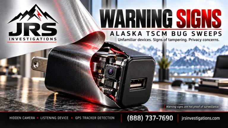 Silver reveal illustration of a hidden camera inside a USB charger for Alaska TSCM warning signs