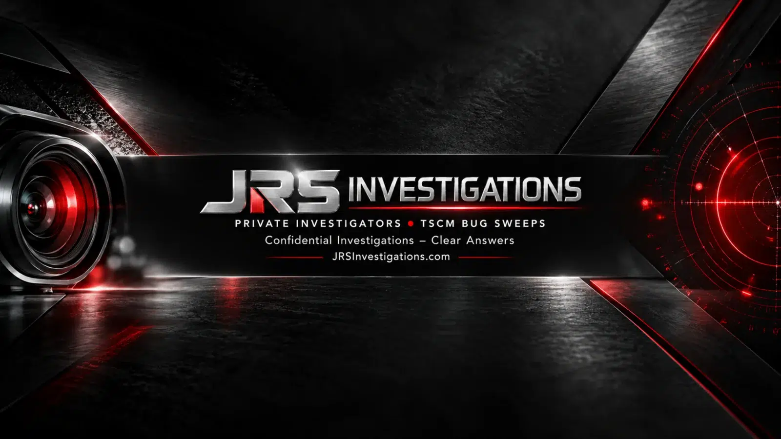 Approved JRS Investigations metallic silver logo, red camera lens and radar artwork.