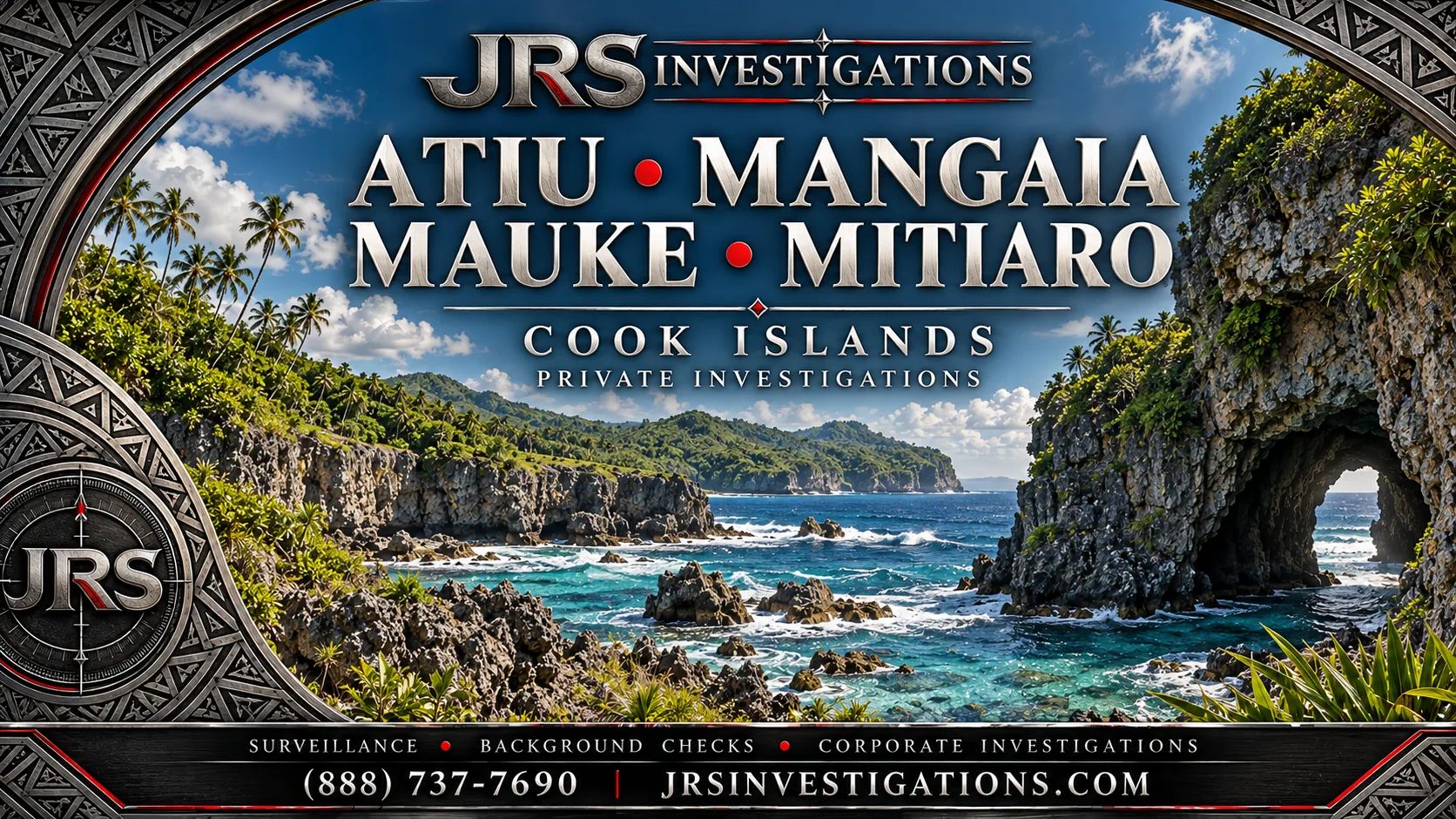 JRS Investigations atiu mangaia mauke mitiaro custom island artwork with services and contact information