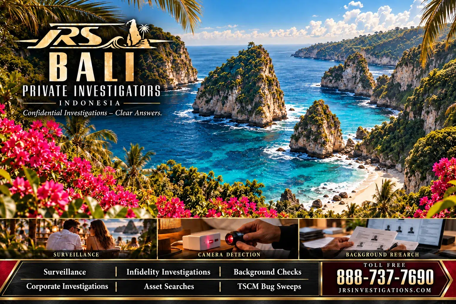 JRS Bali private investigators — coastal scenery, surveillance, camera detection and background research illustrations