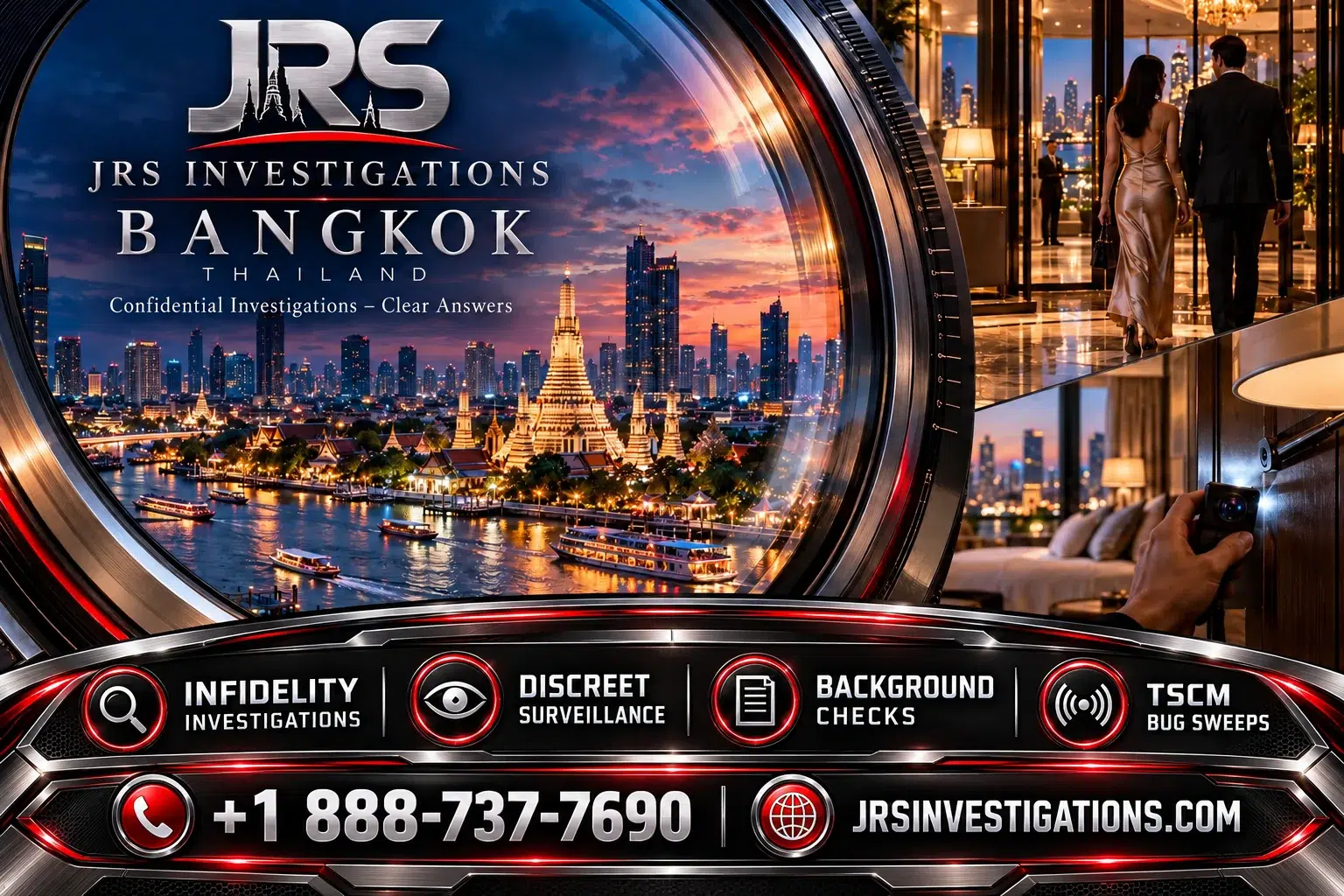 JRS Bangkok private investigations artwork with regional landmarks, surveillance and TSCM services.