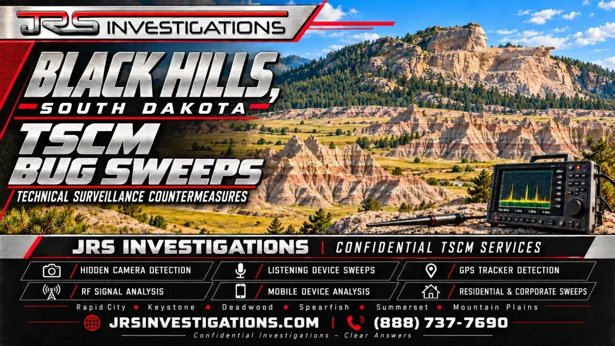 JRS Investigations Black Hills South Dakota TSCM bug sweeps artwork with Crazy Horse Memorial, Badlands scenery and surveillance detection services