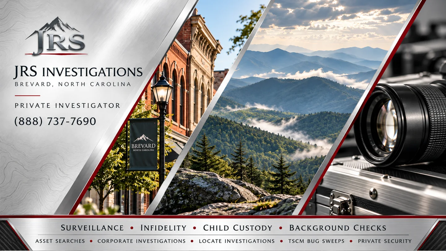 JRS Investigations Brevard North Carolina private investigator, featuring mountain scenery, downtown architecture and investigation services