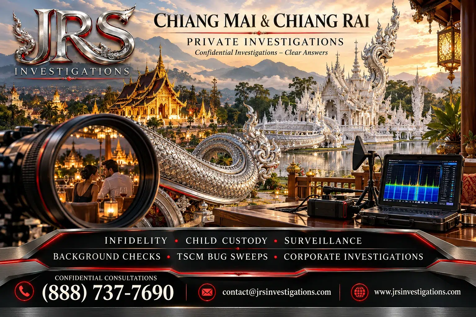JRS Chiang Mai & Chiang Rai private investigations artwork with regional landmarks, surveillance and TSCM services.