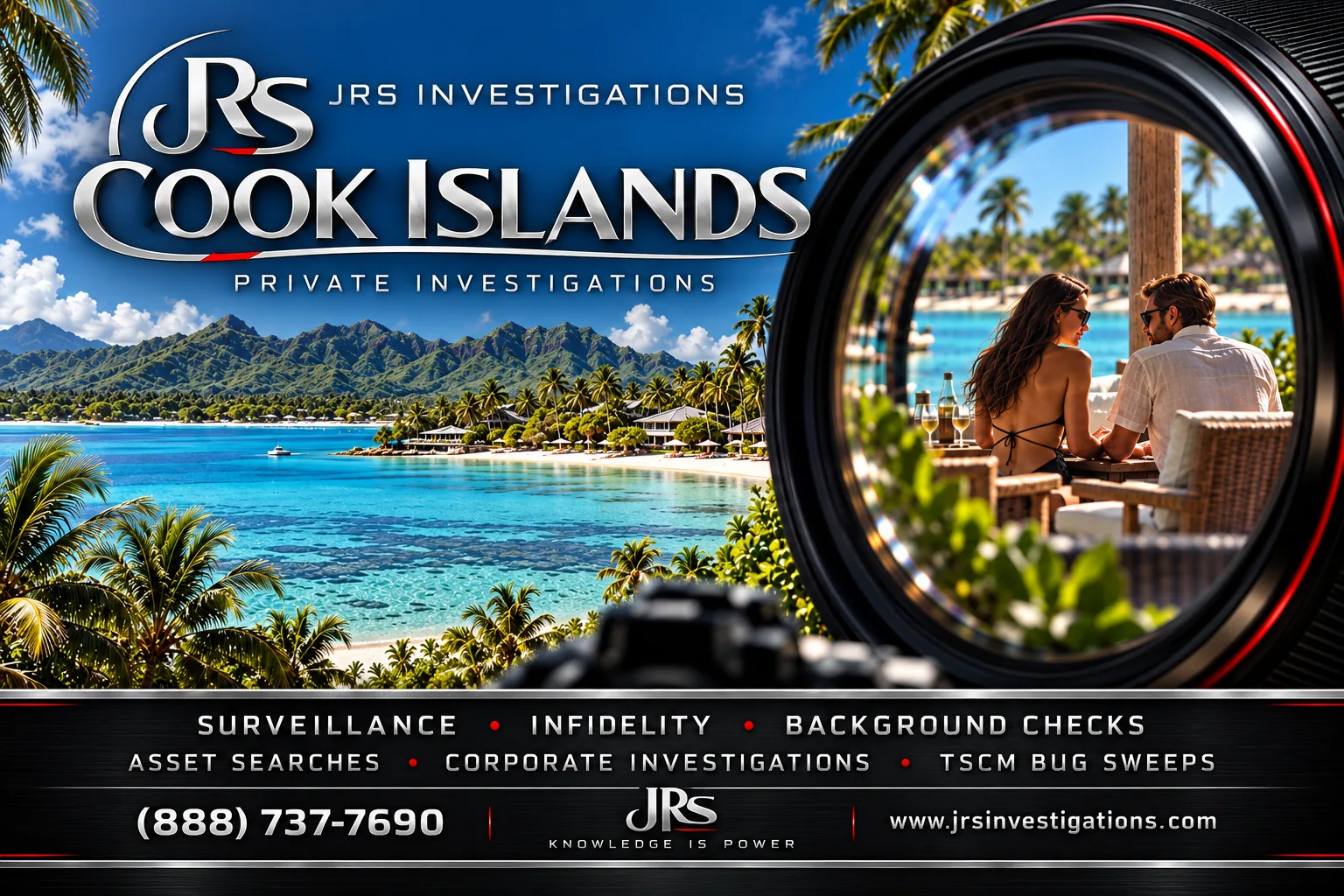 JRS Investigations Cook Islands artwork with lagoon scenery and investigation services