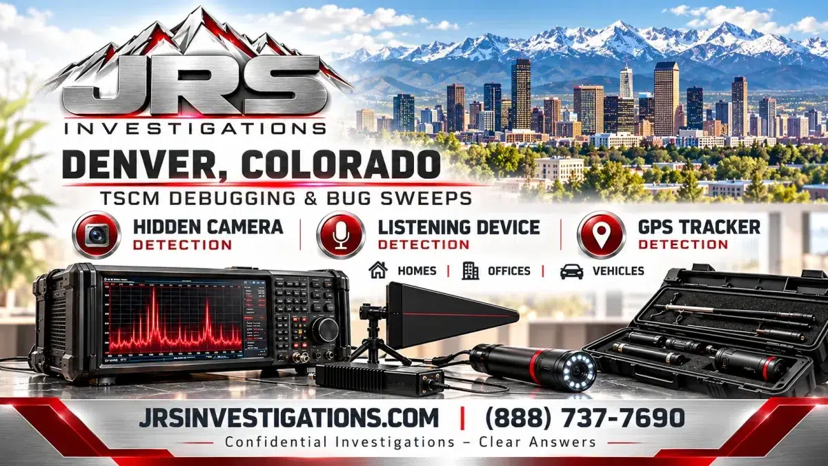 JRS Investigations Denver TSCM bug sweeps with mountain logo and hidden camera, listening device and GPS tracker detection services