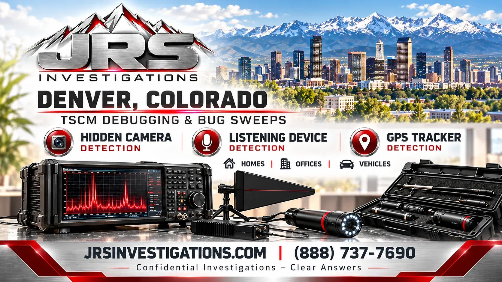 JRS Investigations Denver TSCM artwork with electronic sweep equipment, skyline and Rocky Mountains