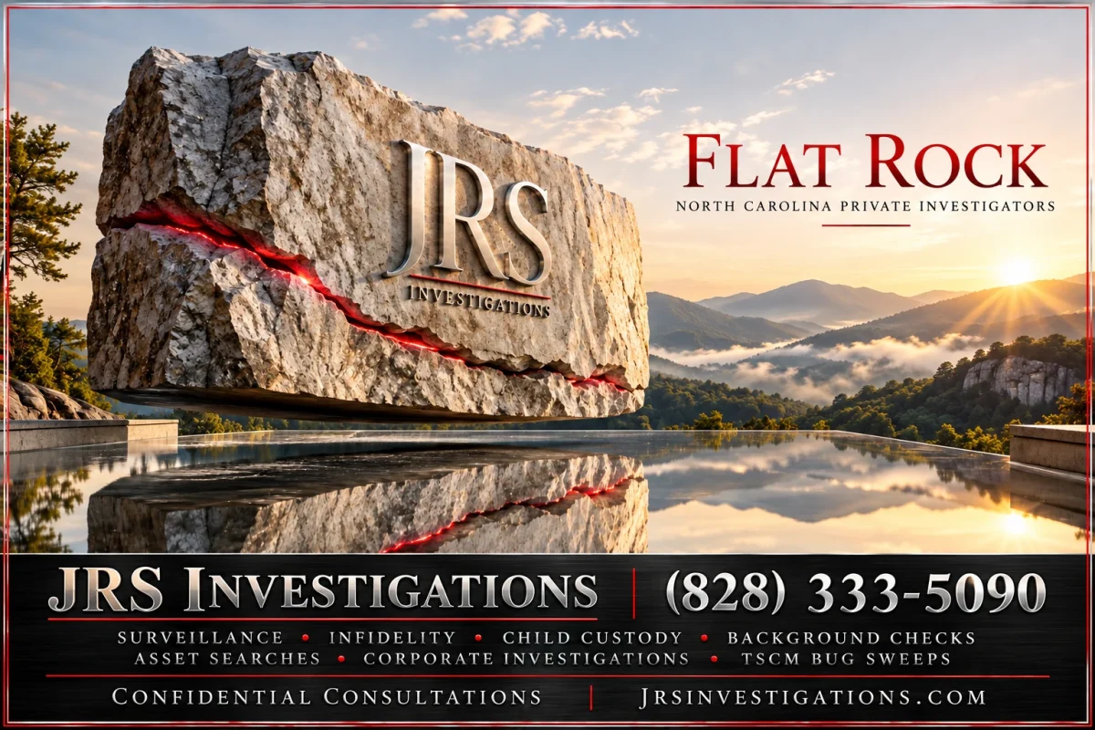JRS Investigations Flat Rock hero with stone logo, Blue Ridge mountains, investigative services and local contact number