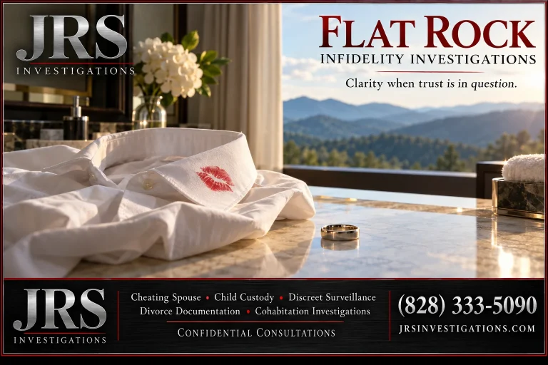 Flat Rock infidelity investigations with lipstick-marked shirt collar, wedding ring and JRS Investigations contact details