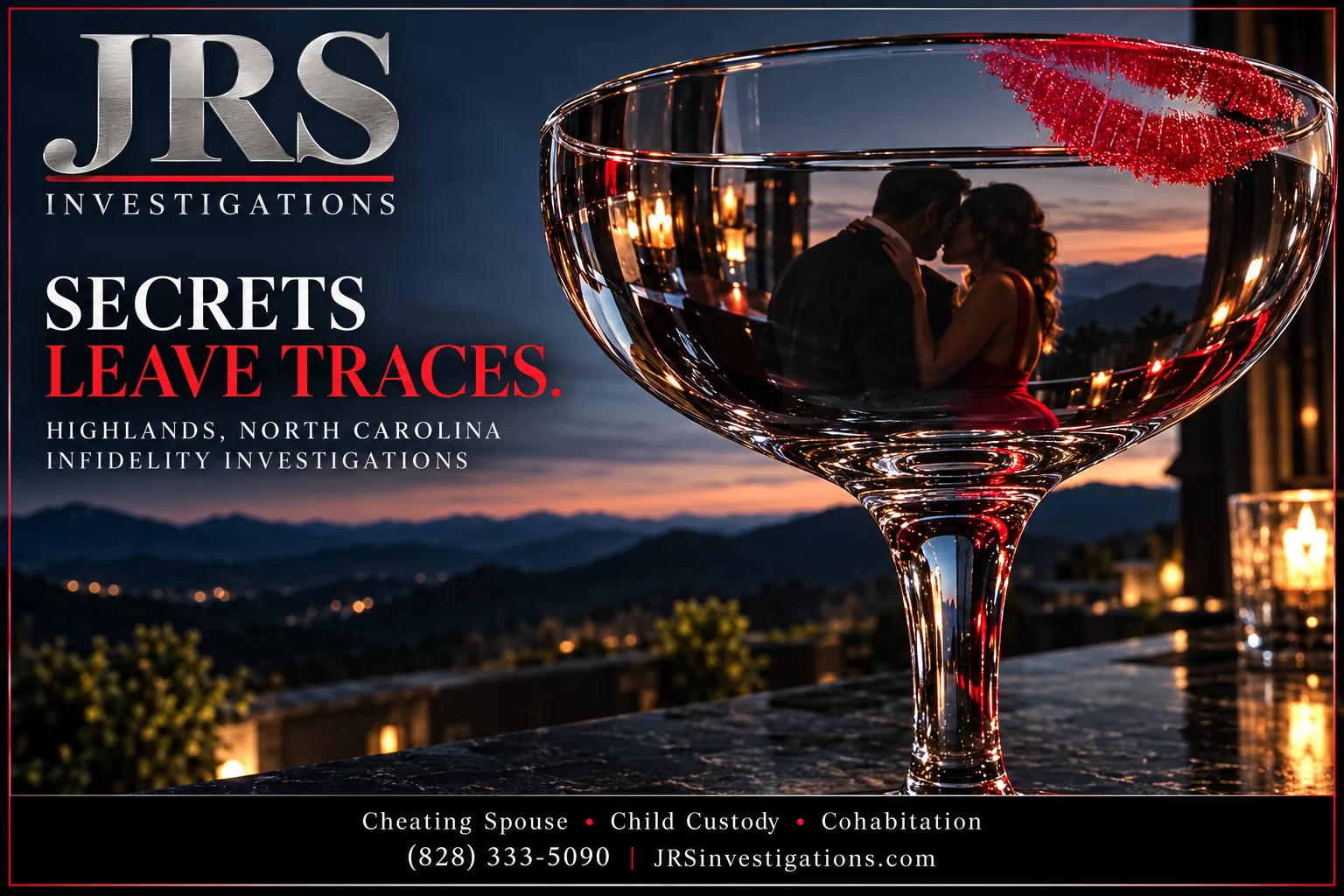 Highlands infidelity investigations – lipstick-marked glass reflecting a couple