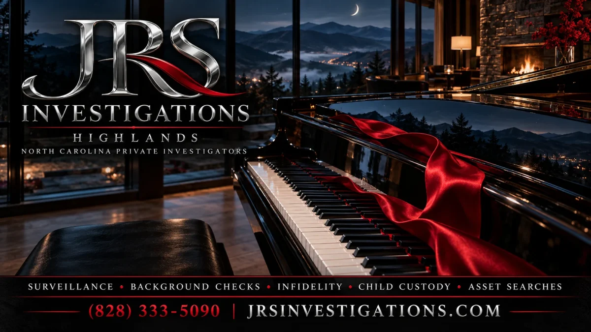 JRS Investigations Highlands North Carolina artwork with a crimson ribbon on a grand piano overlooking the mountains