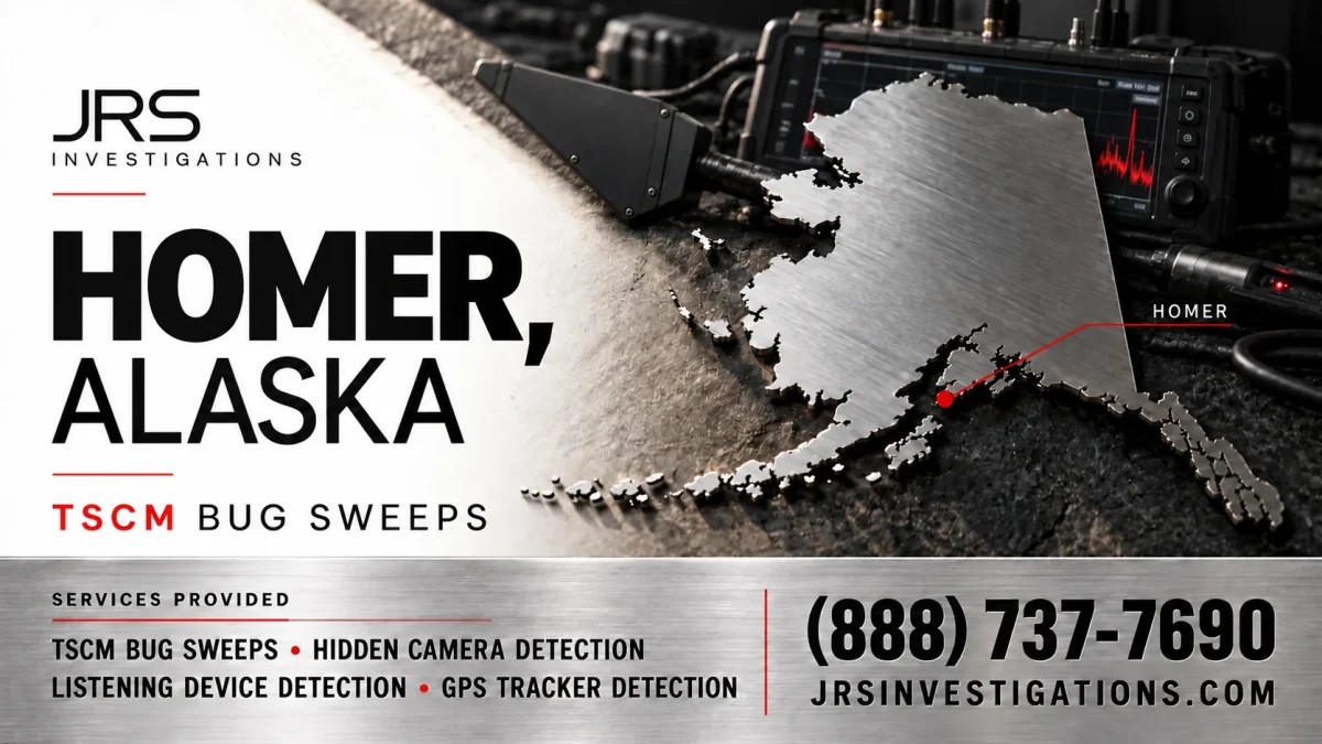 JRS Investigations Homer Alaska bug sweeps with brushed-silver Alaska map and electronic detection equipment