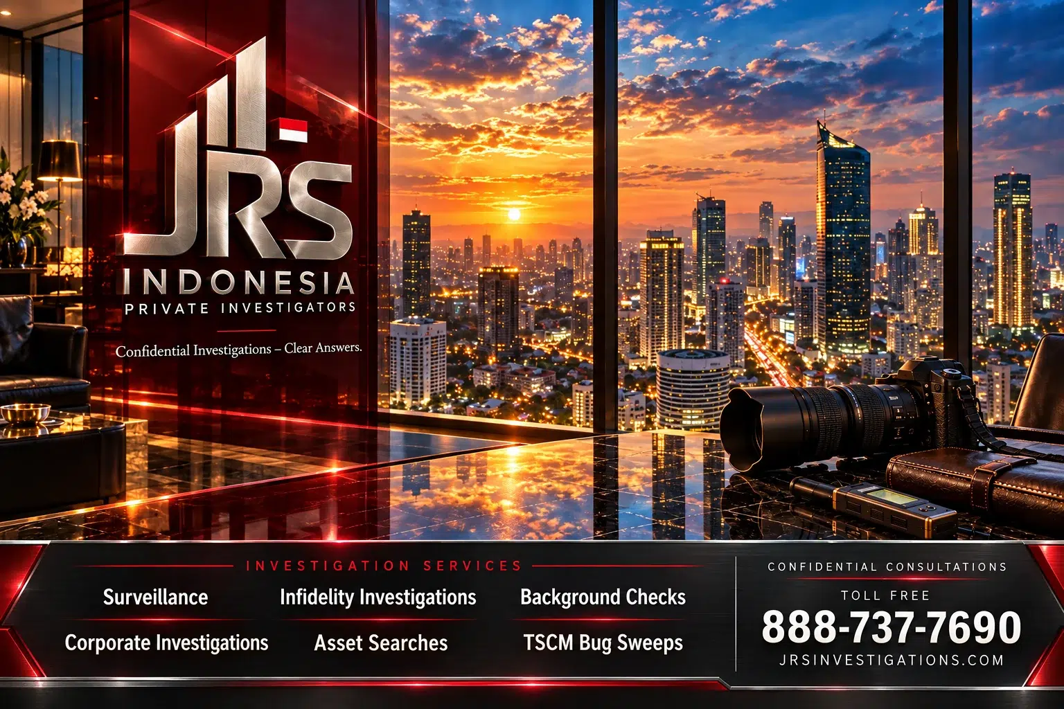 JRS Indonesia private investigators — Jakarta skyline, investigation services and toll-free contact