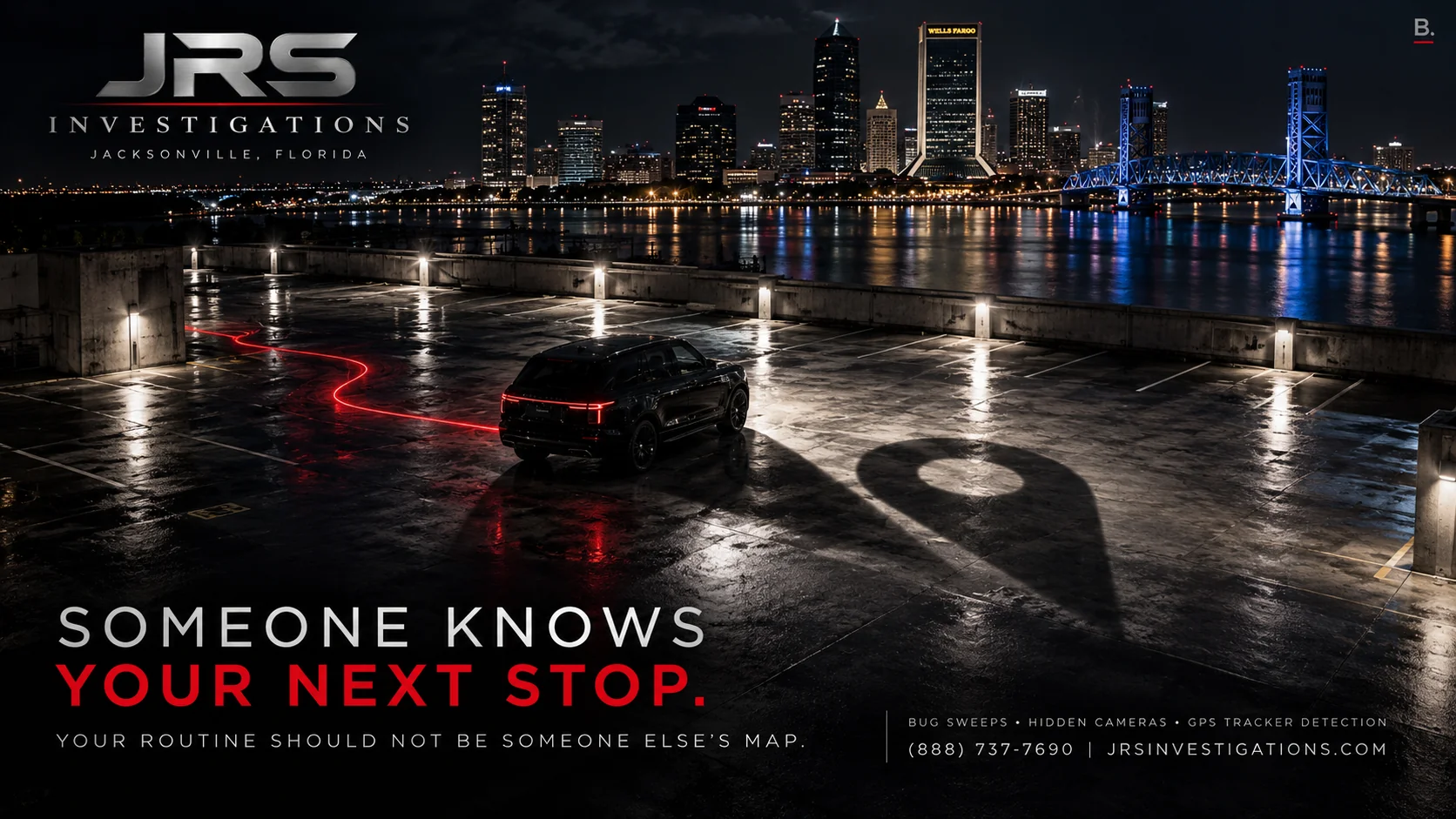 Black SUV beside Jacksonville riverfront with a tracking-pin shadow illustrating GPS surveillance concerns