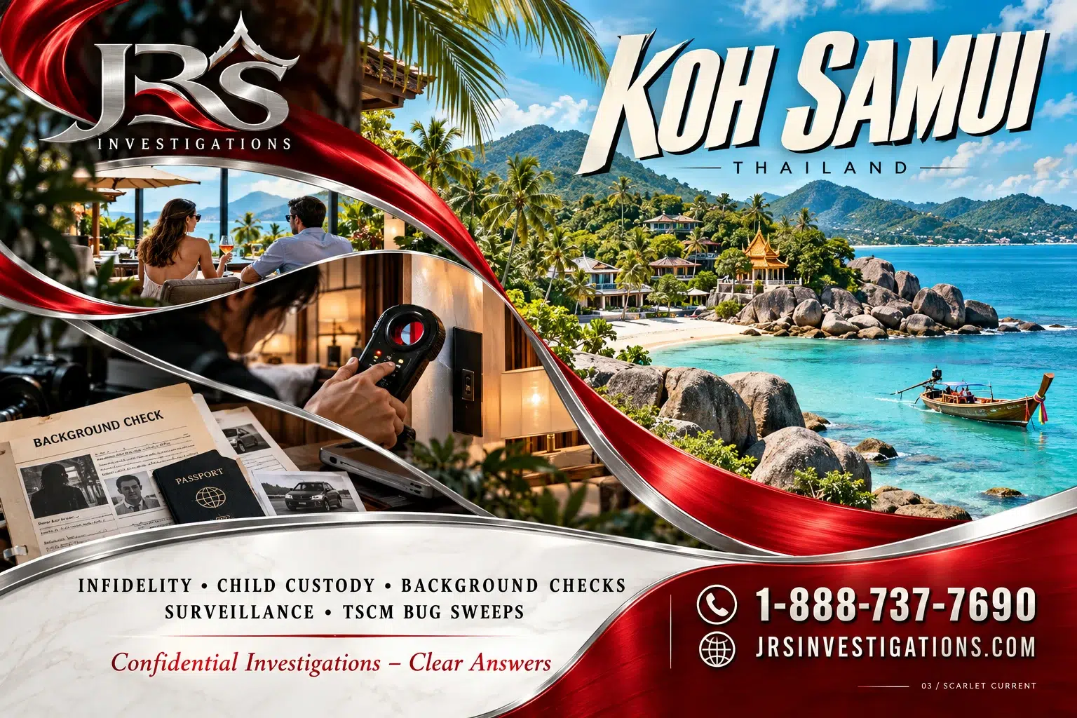JRS Koh Samui private investigations artwork with regional landmarks, surveillance and TSCM services.
