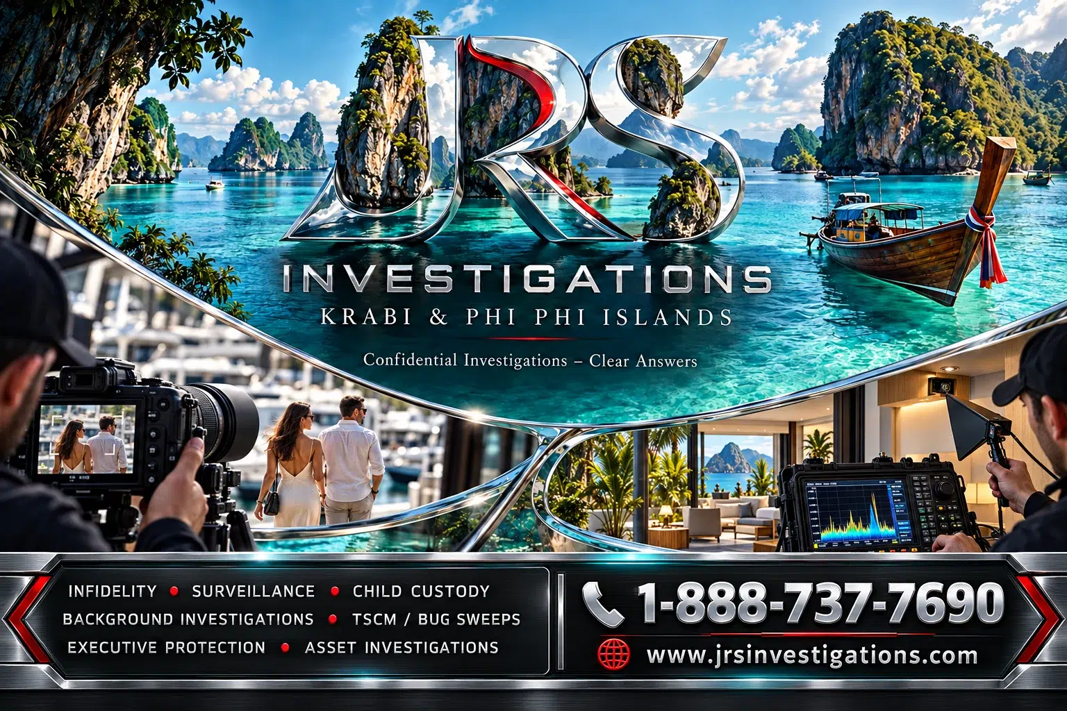 JRS Krabi & Phi Phi Islands private investigations artwork with regional landmarks, surveillance and TSCM services.