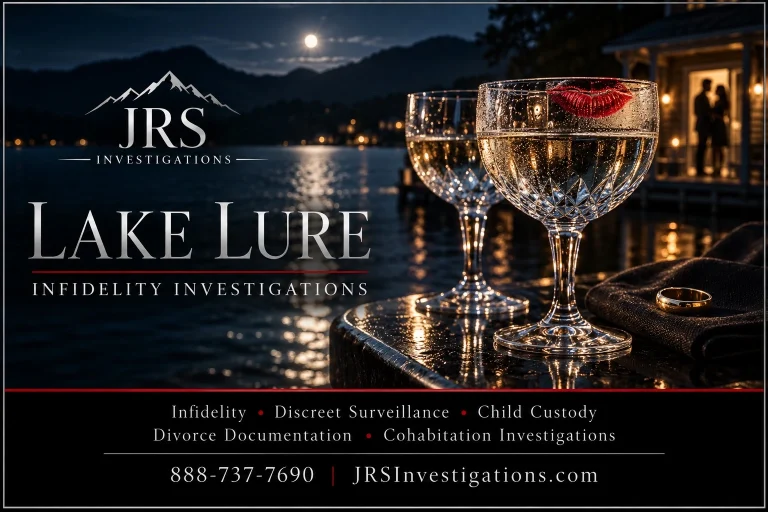 JRS Lake Lure infidelity investigations artwork with champagne glasses, lipstick mark and wedding ring beside the lake