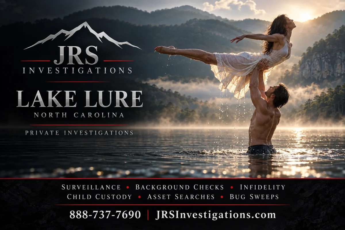 JRS Investigations Lake Lure North Carolina private investigator artwork with mountain logo and lakeside dance scene