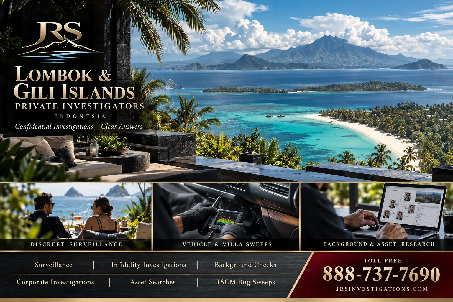 JRS Lombok and Gili Islands investigations — volcanic coastline, surveillance and modern TSCM service artwork