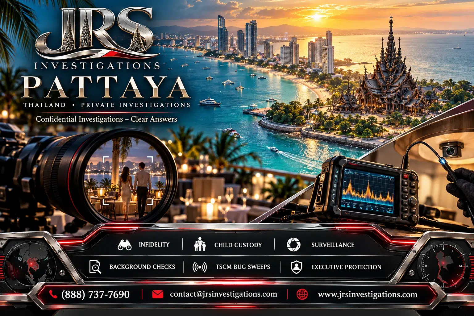 JRS Pattaya private investigations artwork with regional landmarks, surveillance and TSCM services.