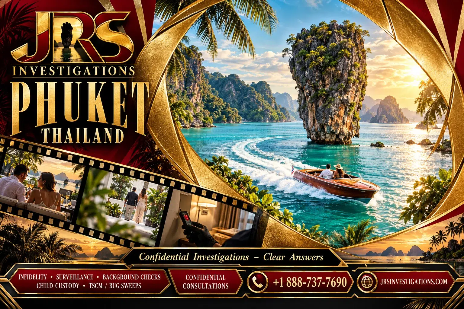 JRS Phuket private investigations artwork with regional landmarks, surveillance and TSCM services.