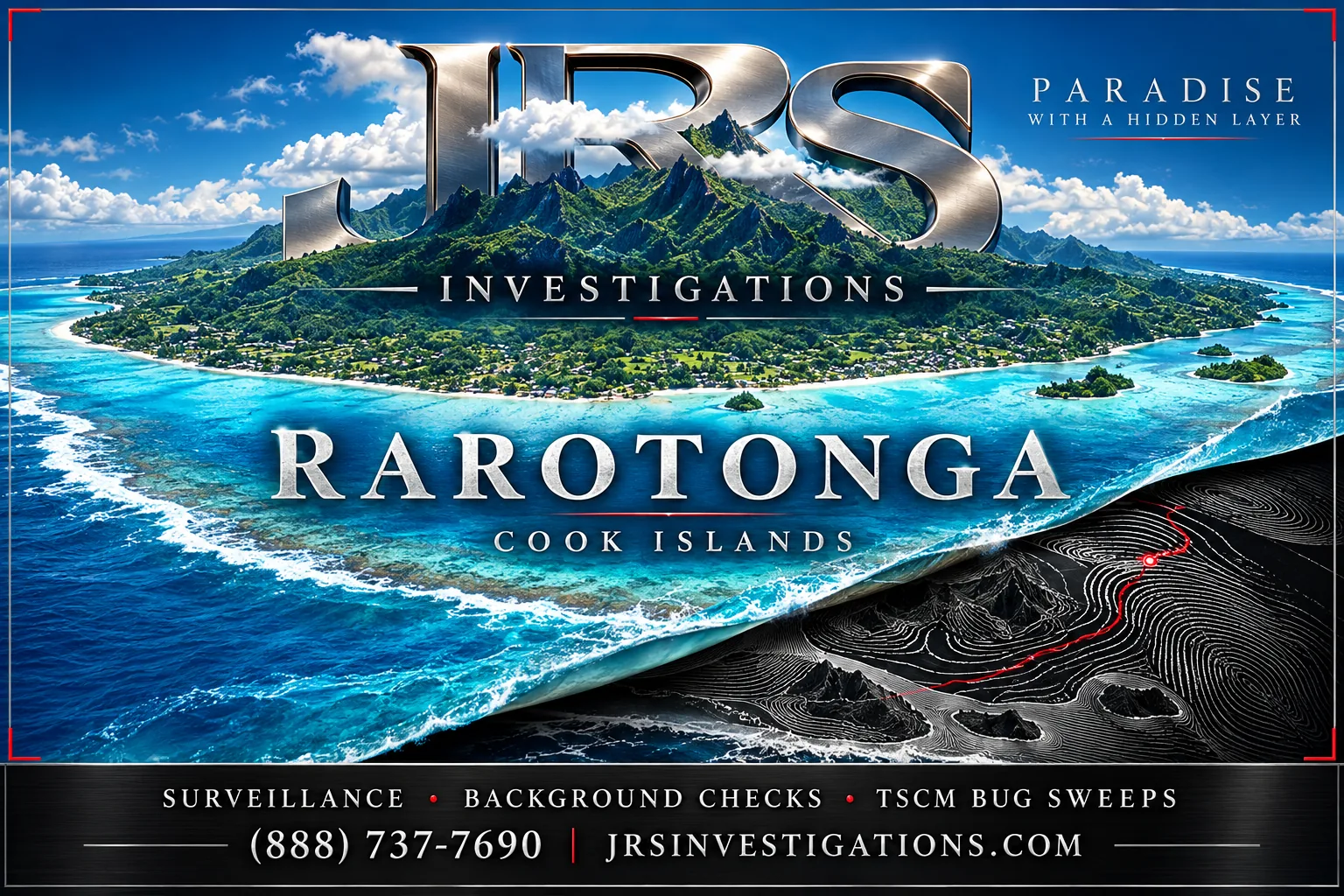 JRS Investigations rarotonga custom island artwork with services and contact information