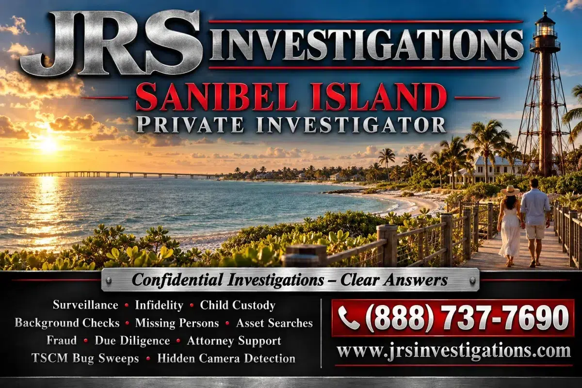 JRS Investigations Sanibel Island private investigator artwork with lighthouse, coastal scenery, services and contact number