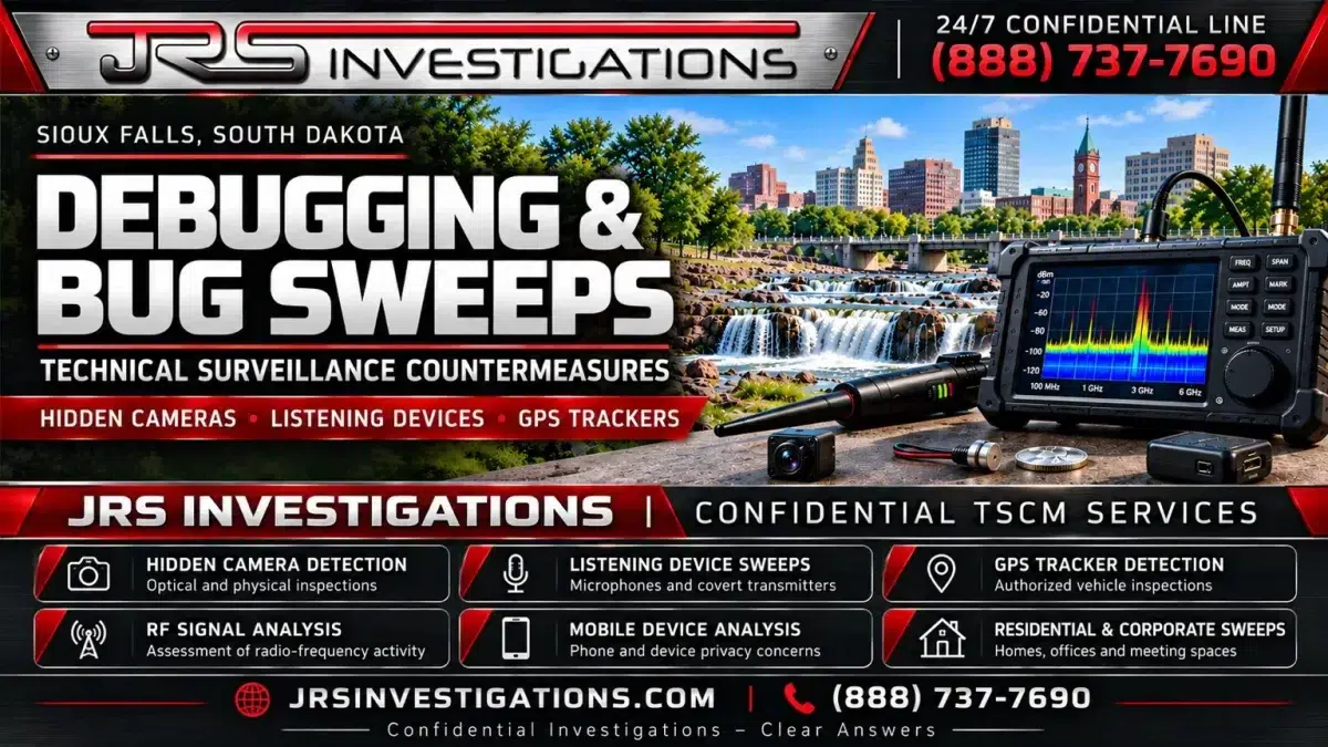 JRS Investigations Sioux Falls debugging and bug sweep artwork showing Falls Park, detection equipment and TSCM services