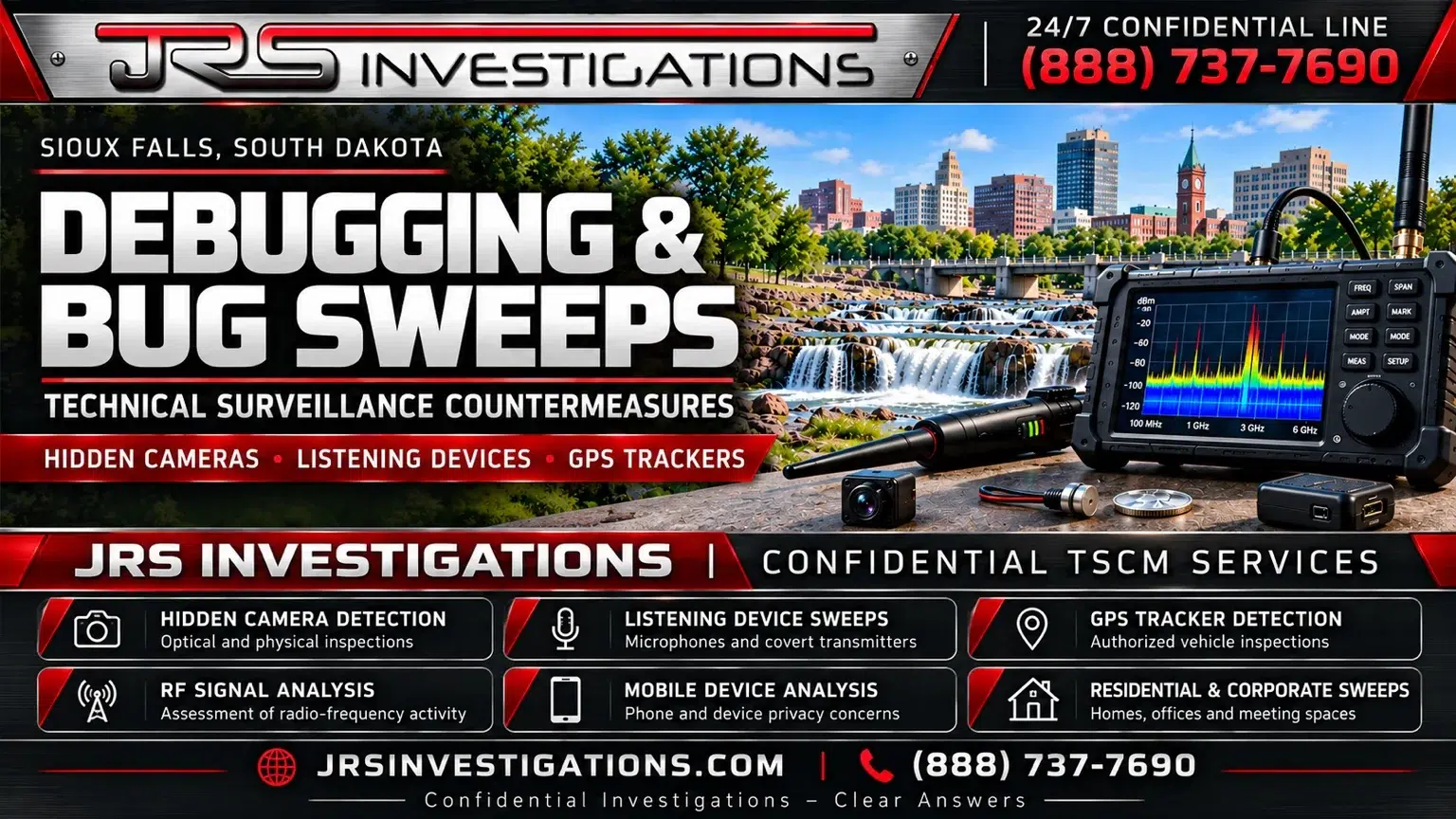 JRS Investigations Sioux Falls debugging and bug sweep artwork showing Falls Park, detection equipment and TSCM services