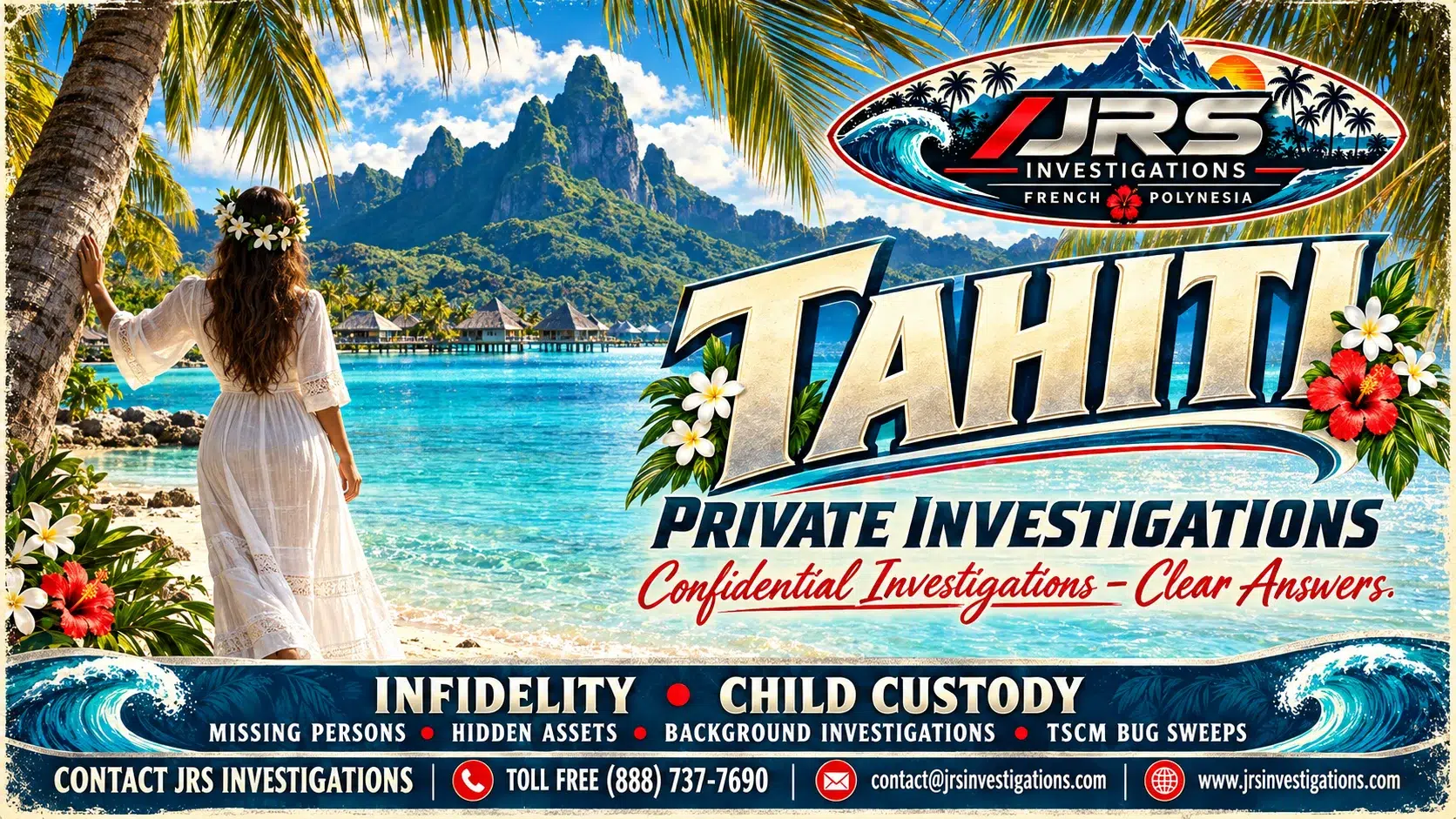 JRS Tahiti private investigations: palm-framed lagoon, floral Tahiti lettering, infidelity and child custody services