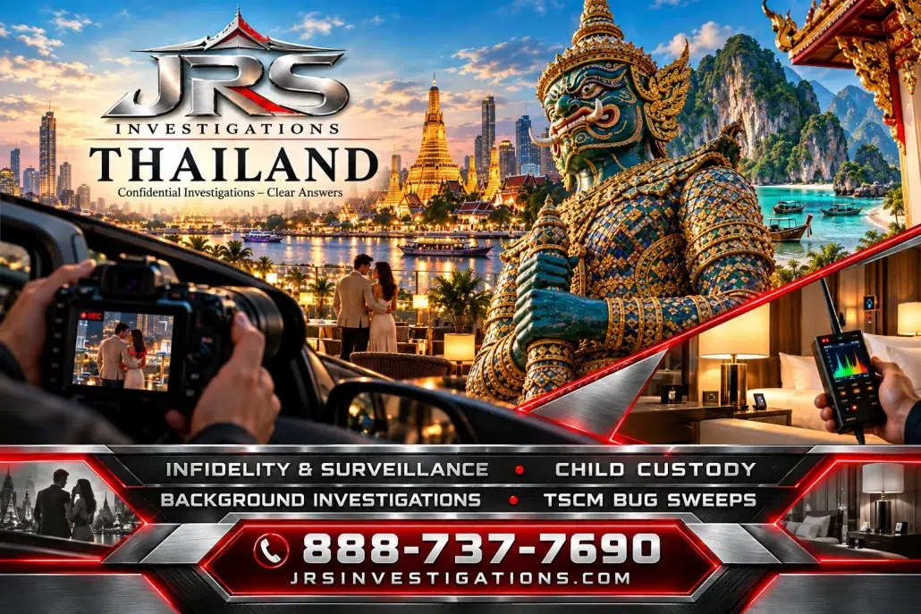 JRS Thailand artwork featuring a Thai guardian, illustrated infidelity surveillance and TSCM inspection scenes.