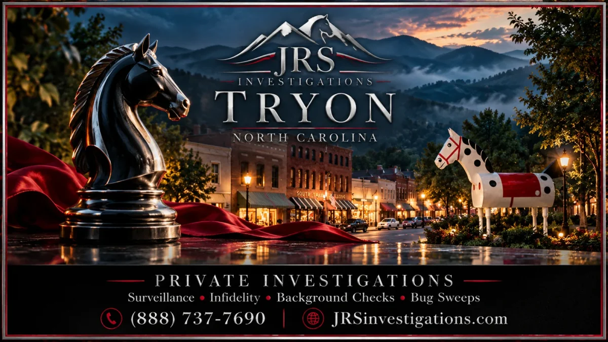 JRS Investigations Tryon hero with a black chess knight, mountain scenery and the downtown horse landmark.