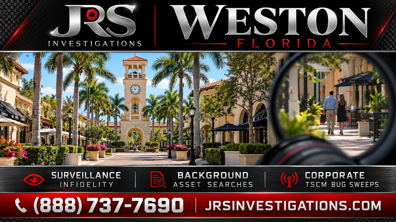 JRS Investigations Weston Florida artwork with town-center architecture, surveillance theme, investigation services and (888) 737-7690.