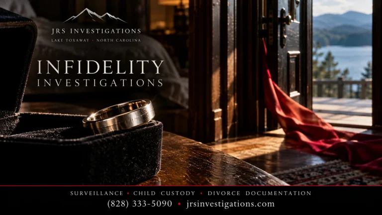 Wedding ring beside crimson silk in a lakeside room, illustrating JRS Investigations infidelity investigations in Lake Toxaway, North Carolina