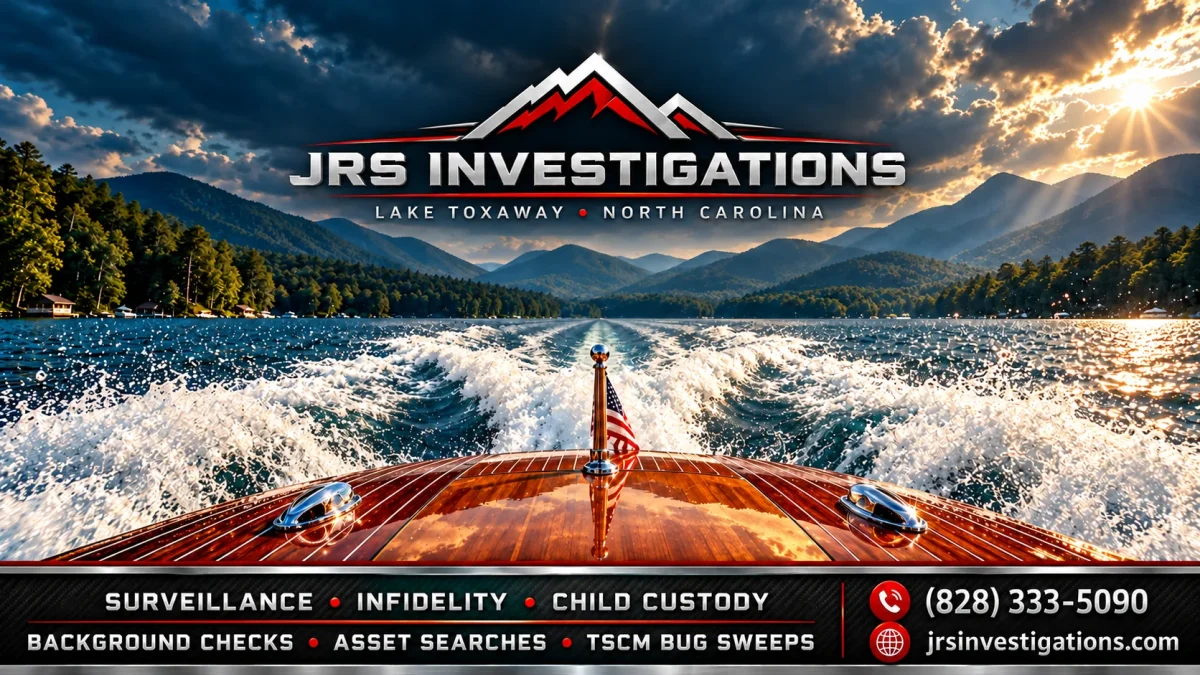 JRS Investigations mountain emblem and mahogany boat on Lake Toxaway, North Carolina