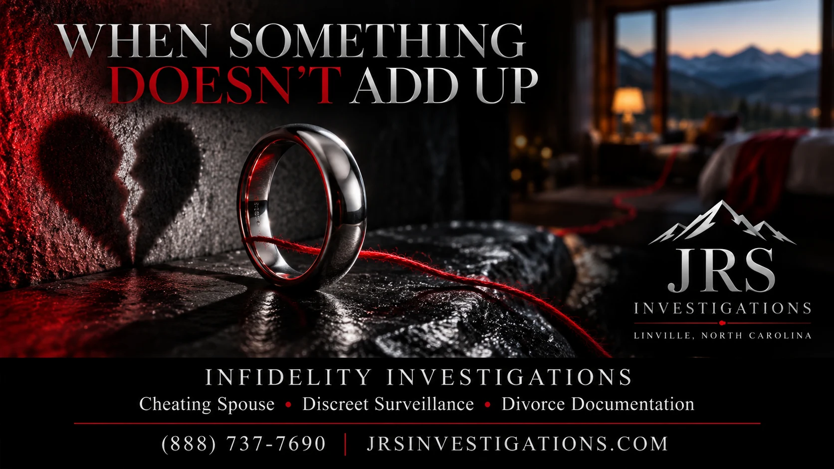 Wedding ring with a broken-heart shadow and red thread in JRS Investigations’ Linville infidelity artwork.