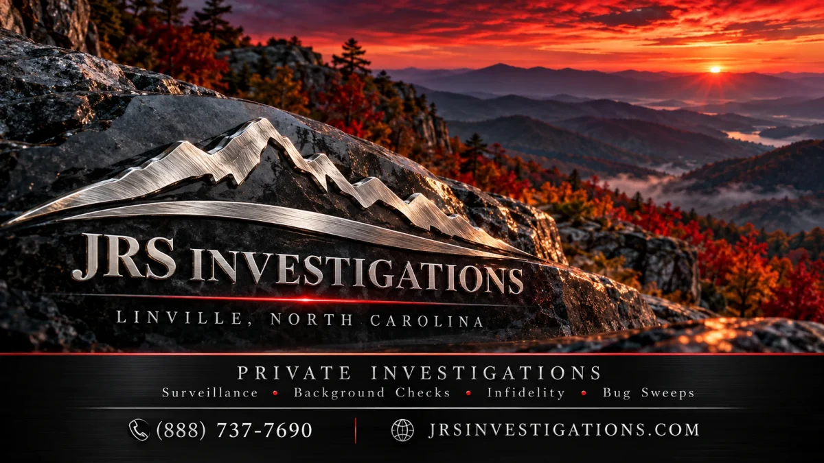 JRS Investigations silver mountain logo against a sunset mountain landscape for Linville, North Carolina.