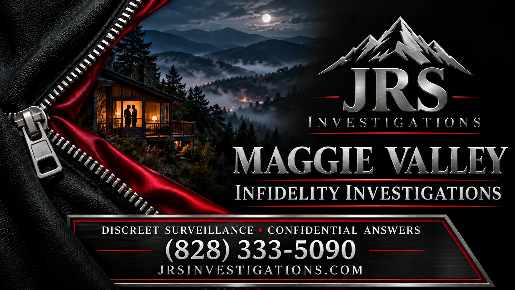 Silver zipper revealing a mountain cabin, Maggie Valley infidelity investigations by JRS Investigations